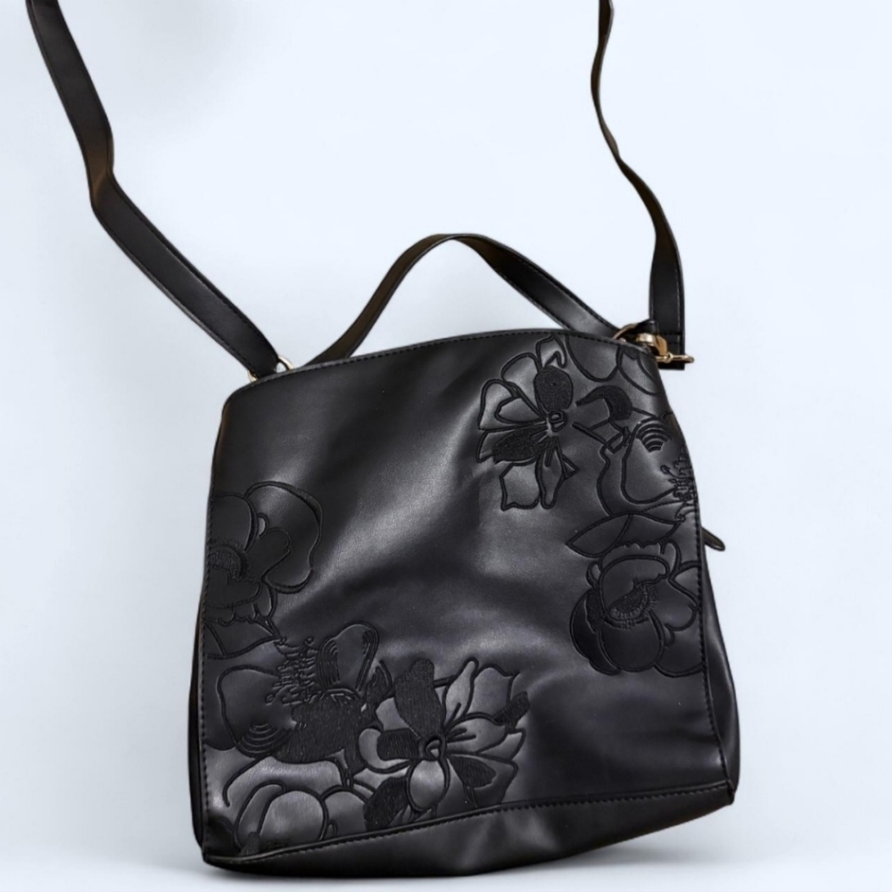Nanette Lepore Black Floral Embroidered Convertible Crossbody Bag Faux Leather